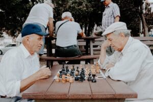 Men play chess in park